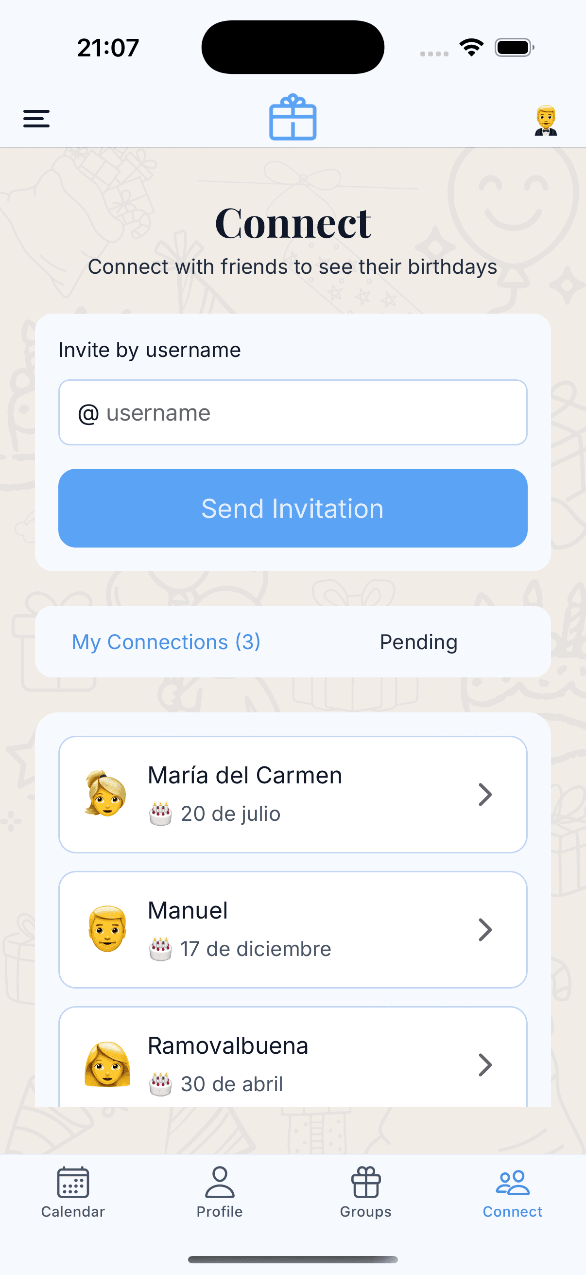 Connect screen with friends list