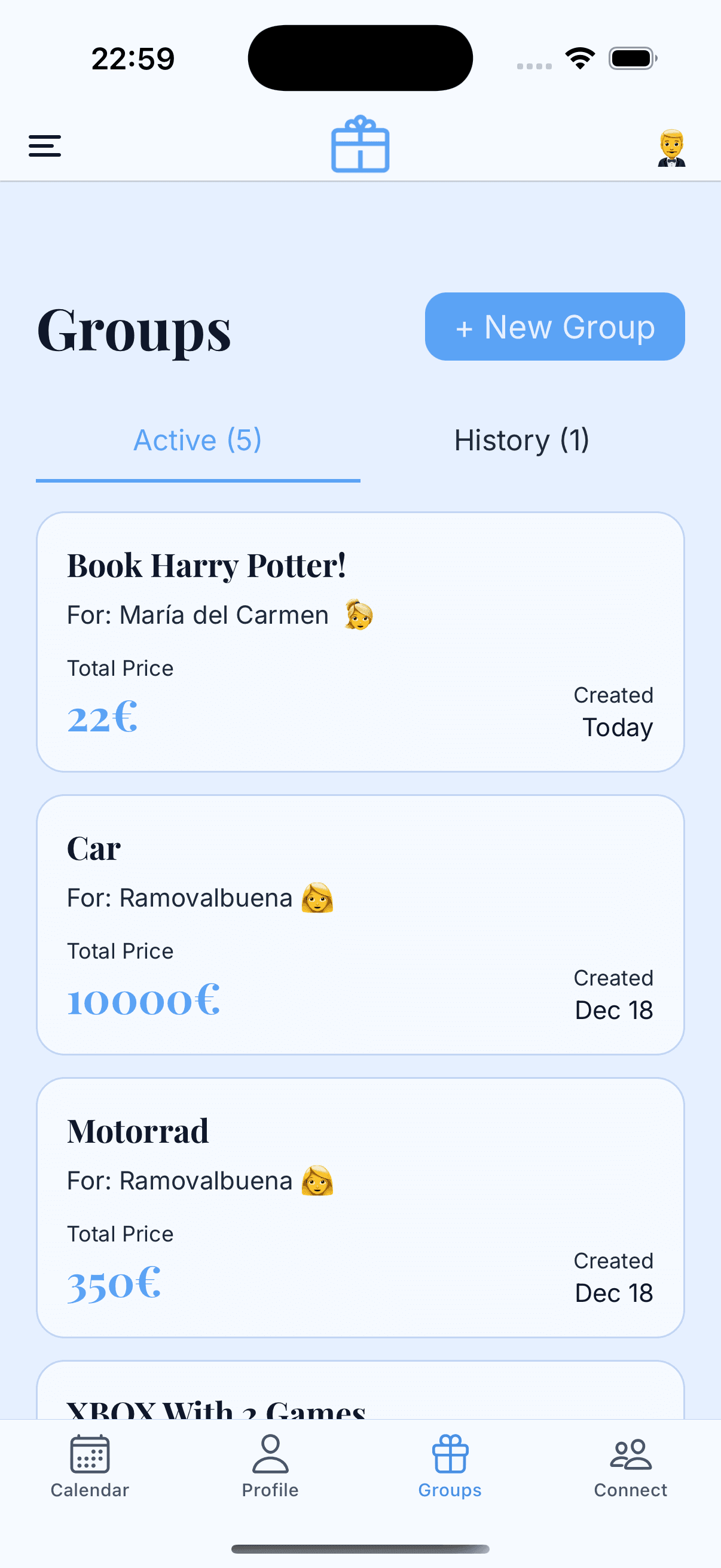 Group gifts screen with active groups